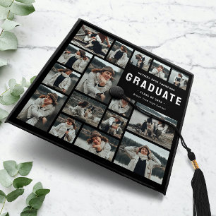 Modern Black Multi-Photo Graduation Cap Topper