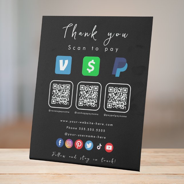 Modern Black Multi QR Code Paypal Venmo Cash App Pedestal Sign (Creator Uploaded)