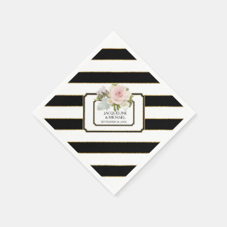 Modern Black n White Striped Rose Bridal Shower Napkins