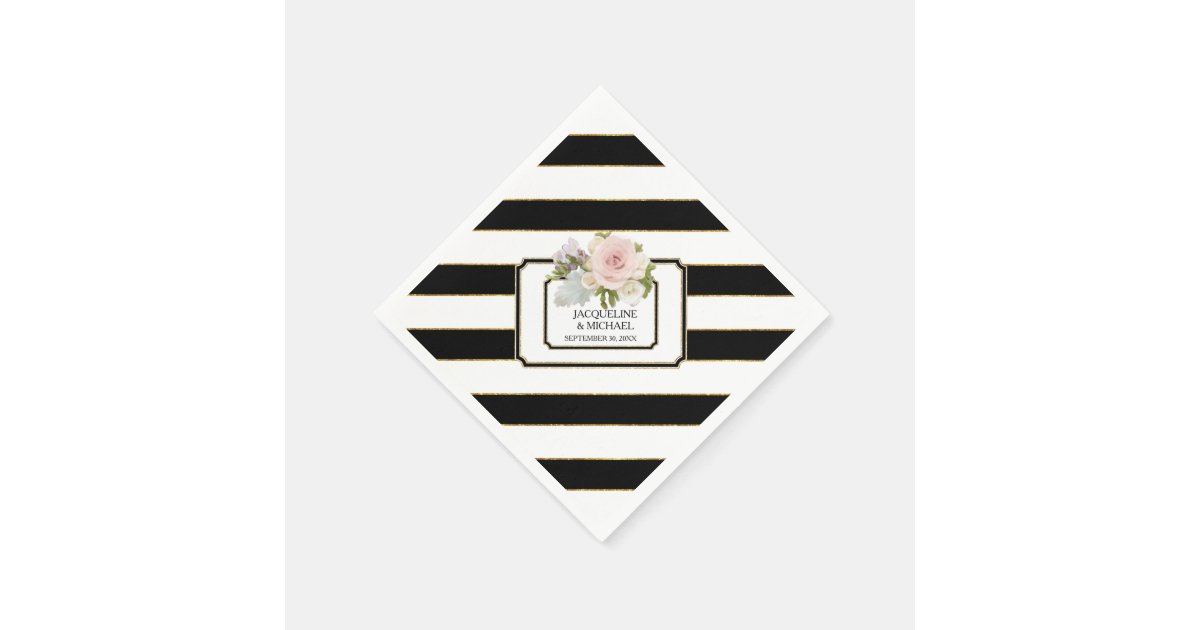 Modern Black n White Striped Rose Bridal Shower Napkins | Zazzle