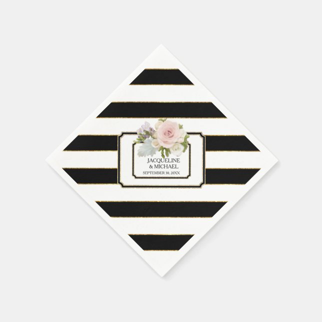 Modern Black n White Striped Rose Bridal Shower Napkins (Corner)
