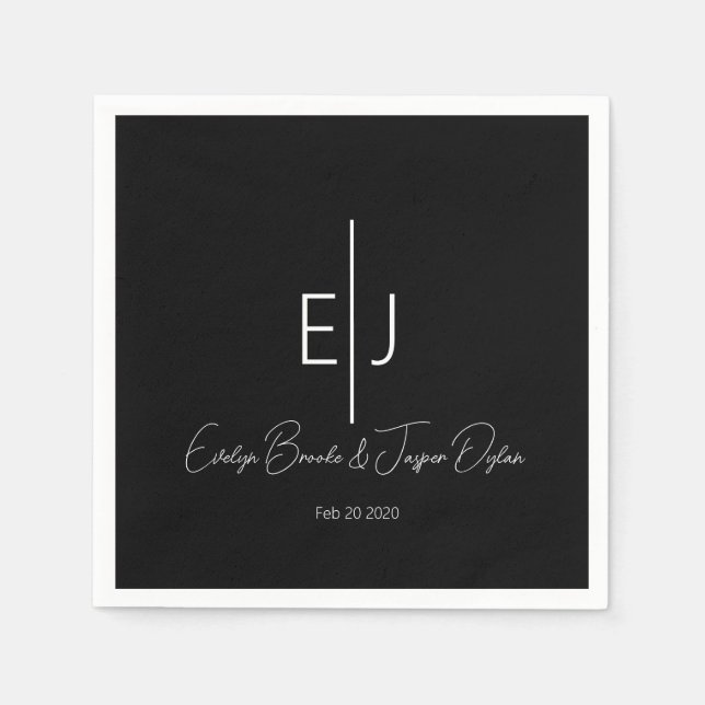 Modern Black Name Initials Paper Plate Napkins (Front)