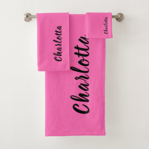 Modern Black Name   Neon Hot Pink Color  Bath Towel Set
