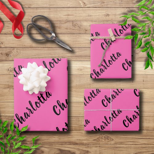 Modern Black Name  Neon Hot Pink Color  Wrapping Paper Sheets