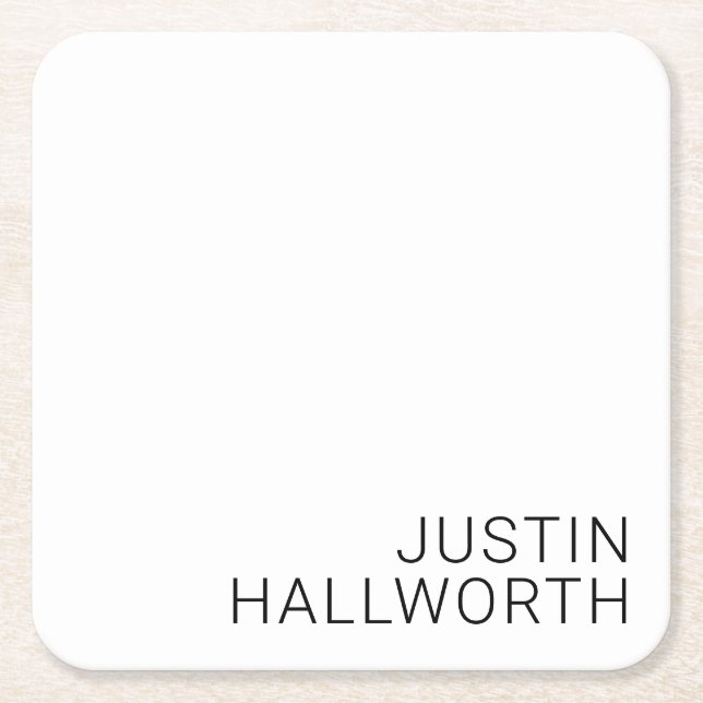 Modern Black Name on White Square Paper Coaster (Front)