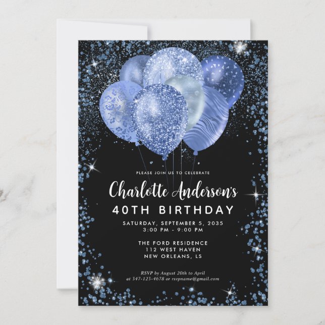 Modern Black Navy Blue Glitter Balloon Birthday Invitation (Front)