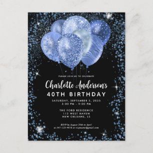 Modern Black Navy Blue Glitter Balloon Birthday Postcard