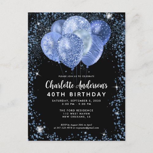 Modern Black Navy Blue Glitter Balloon Birthday Postcard