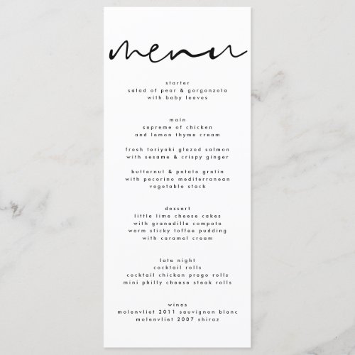 Modern Black Neutral White Wedding Menu