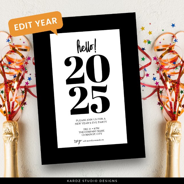 Modern Black New Years Party Invitation (Invite shown in 5 x 7 inches, choose size, paper and corner style.)