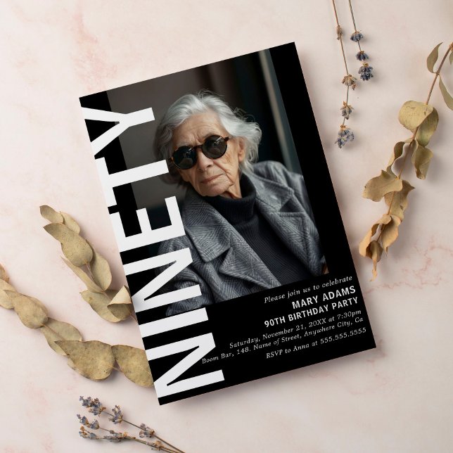 Modern Black NINETY Photo 90th Birthday Party Invitation (Creator Uploaded)