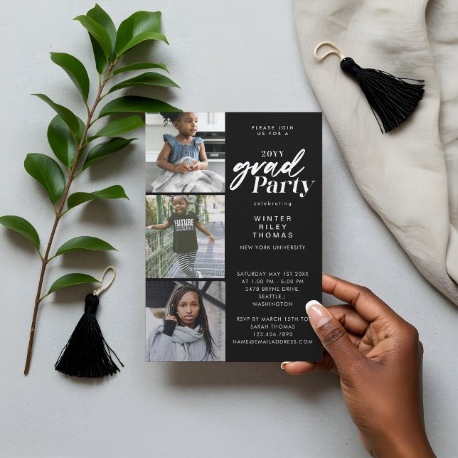 Modern Black Now & Then 3 Photo Graduation Party Invitation (Modern Pink Now & Then 3 Photo Graduation Party Invitation)