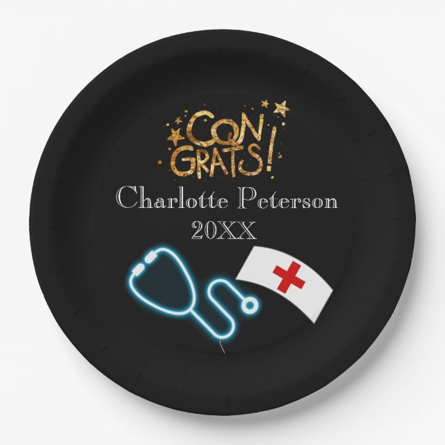 Modern Black Nurse Graduation Party  Paper Plates (Front)