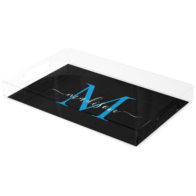 Modern Black Ocean Blue Monogram Script Elegant Acrylic Tray (Angled)