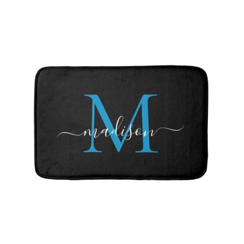 Modern Black Ocean Blue Monogram Script Elegant Bath Mat