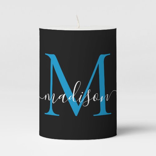 Modern Black Ocean Blue Monogram Script Elegant Pillar Candle