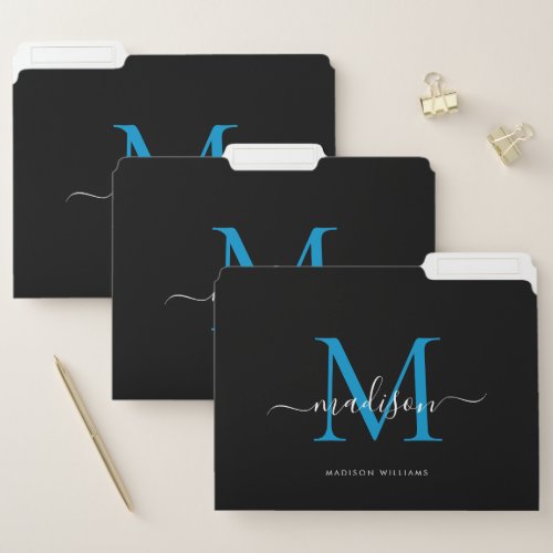 Modern Black Ocean Blue Monogram Script Name File Folder