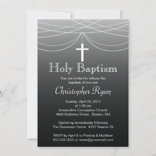 Modern Black Ombre Garland Cross Holy Baptism Invitation