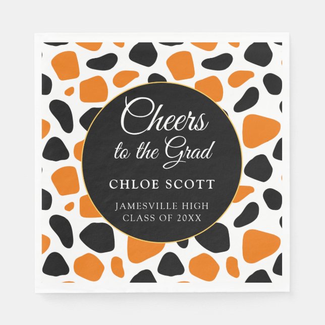 Modern Black Orange Animal Print Graduation Party Napkins (Front)