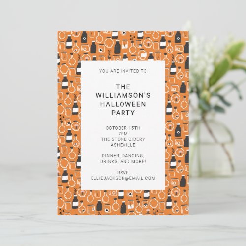 Modern Black Orange Apothecary Halloween Party Invitation