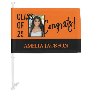 Modern Black & Orange Class Of 25 Photo Graduation Car Flag