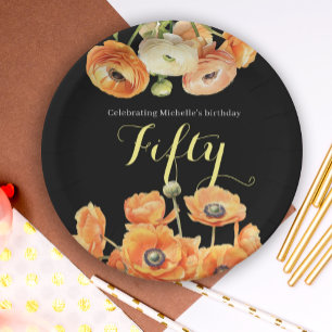 Modern Black Orange Floral 50th Birthday Party Paper Plates