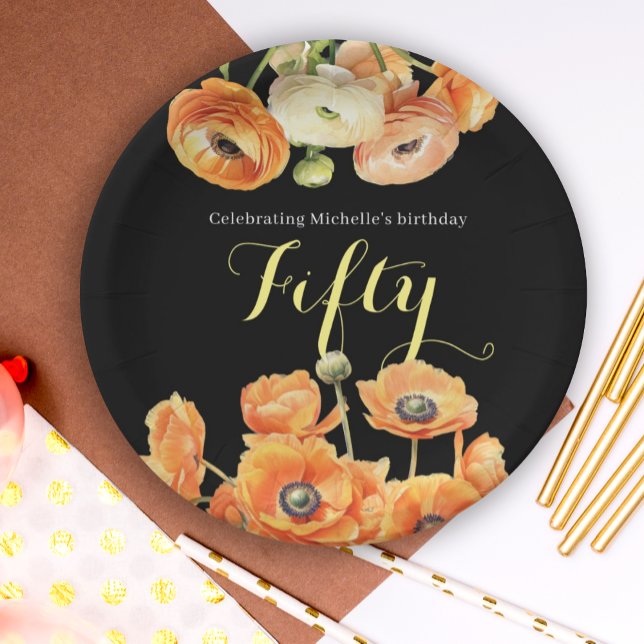 Modern Black Orange Floral 50th Birthday Party Paper Plates (Creator Uploaded)