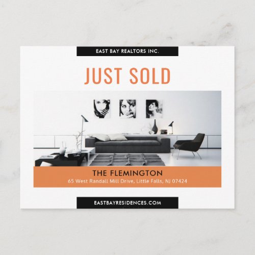 Modern black orange Just sold real estate advert Postcard