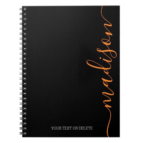 Modern Black Orange Name Monogram Initial Notebook