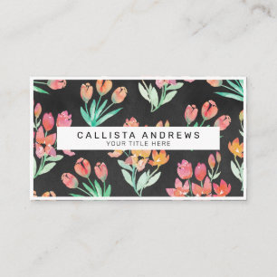 Modern Black Orange Red Tulips Floral Watercolor Business Card