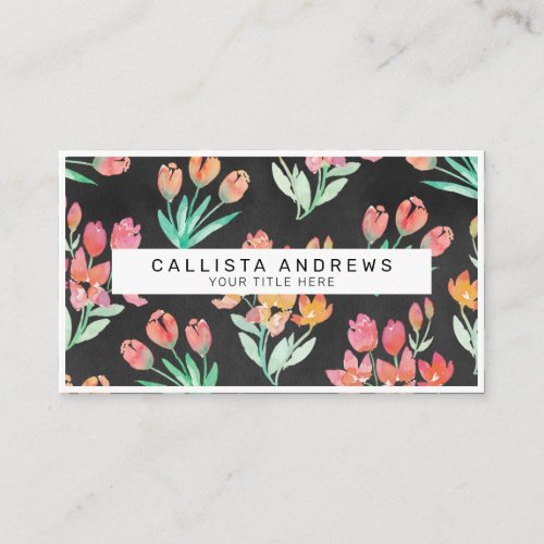 Modern Black Orange Red Tulips Floral Watercolor Business Card