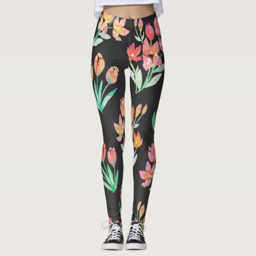 Modern Black Orange Red Tulips Floral Watercolor Leggings