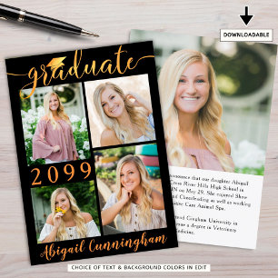 Modern Black Orange Script 5 Photo Graduate Announcement