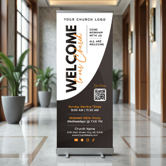 Modern Black & Orange Welcome To Our Church Retractable Banner