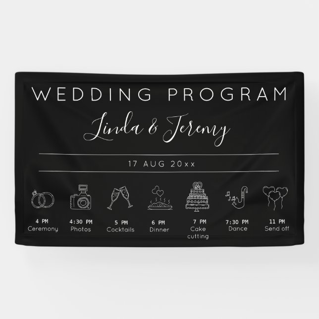 Modern Black Order of Events Wedding Template Banner (Horizontal)