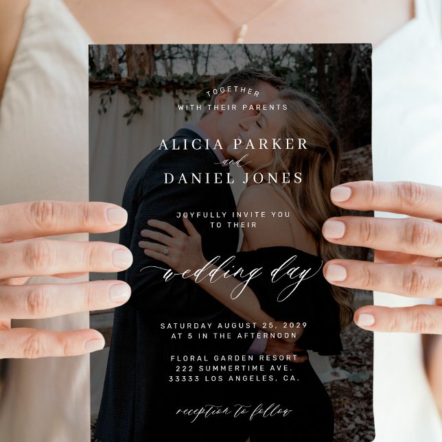 Modern black overlay 2 photos wedding invitation (Creator Uploaded)