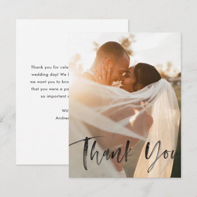 Modern Black Overlay Brush Script Wedding Photo Thank You Card (Front/Back)