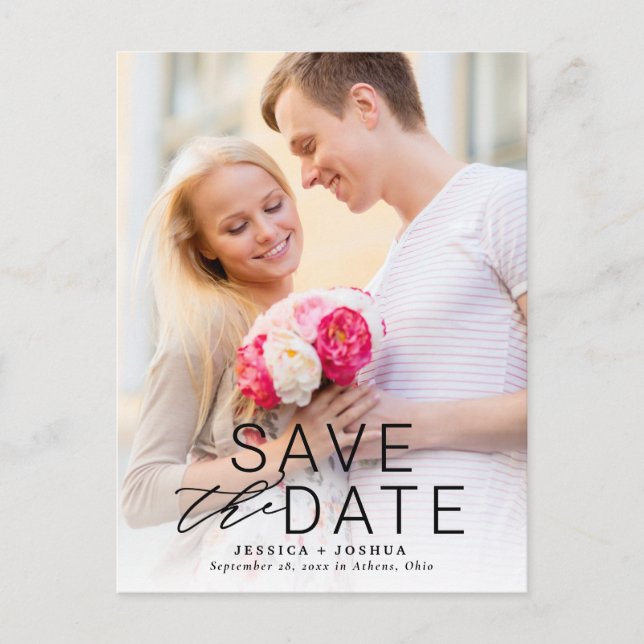 Modern Black Overlay Full Photo Save the Date Postcard (Front)