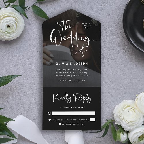 Modern Black Overlay with White  Photo Wedding All In One Invitation