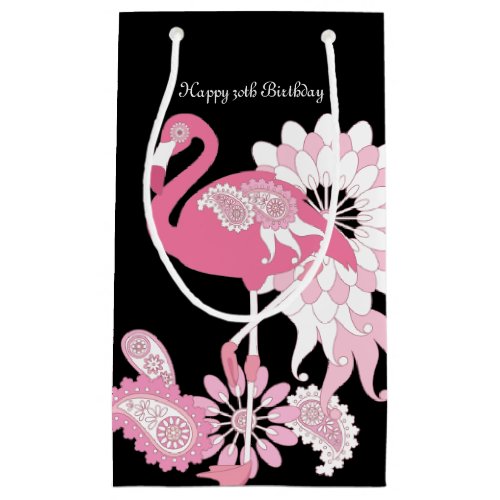 Modern Black Paisley Pink Flamingo Birthday Small Gift Bag