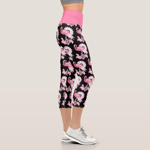 Modern Black Paisley Pink Flamingo Capri Leggings