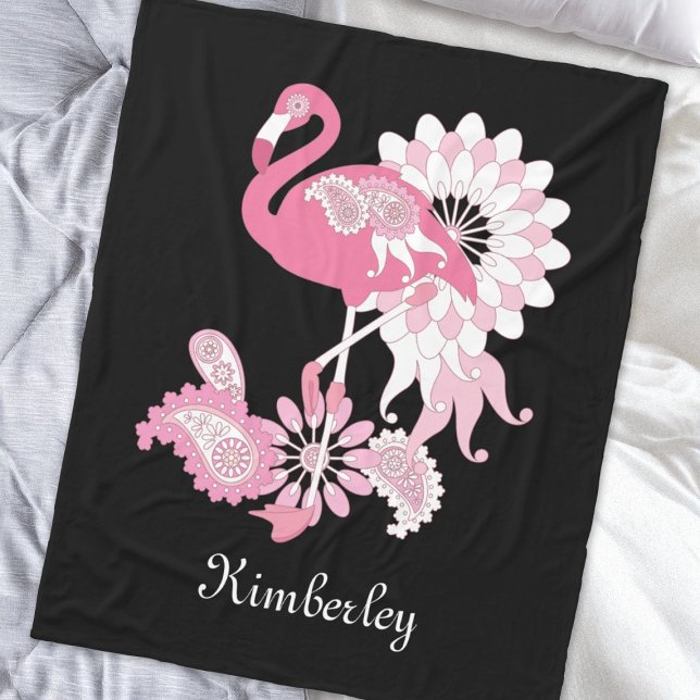 Modern Black Paisley Pink Flamingo Fleece Blanket (Creator Uploaded)
