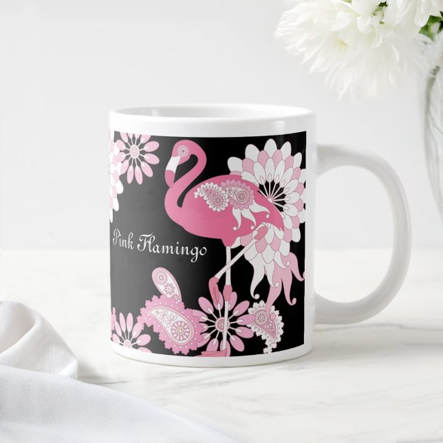 Modern Black Paisley Pink Flamingo Giant Coffee Mug (Creator Uploaded)
