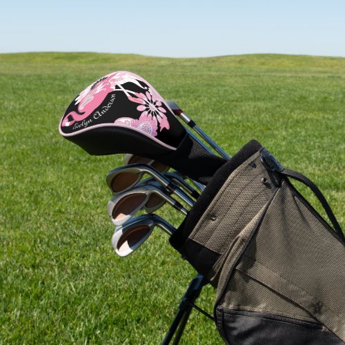 Modern Black Paisley Pink Flamingo Golf Head Cover