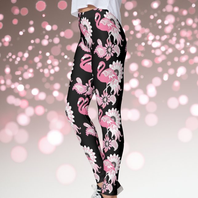 Modern Black Paisley Pink Flamingo Leggings (Creator Uploaded)
