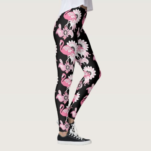 Modern Black Paisley Pink Flamingo Leggings