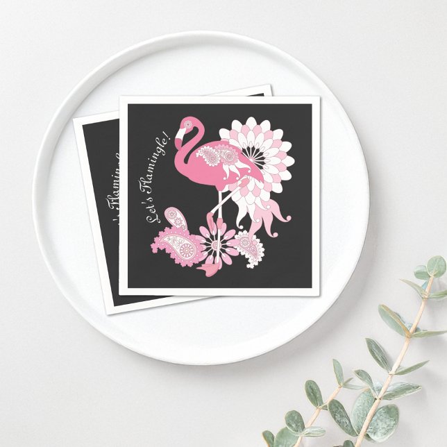 Modern Black Paisley Pink Flamingo Paper Napkins (Creator Uploaded)