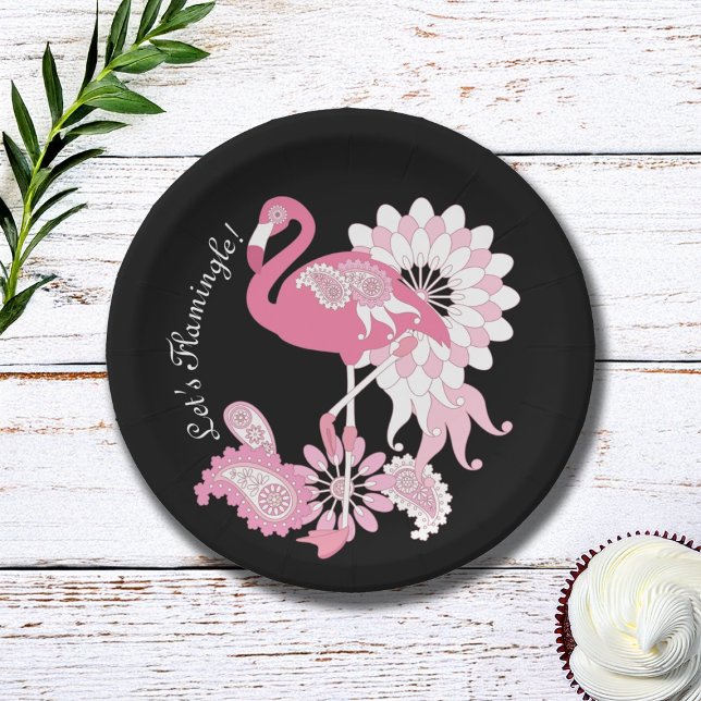Modern Black Paisley Pink Flamingo Paper Plates (Creator Uploaded)