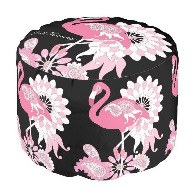 Modern Black Paisley Pink Flamingo Pattern Pouf (Angled Front)