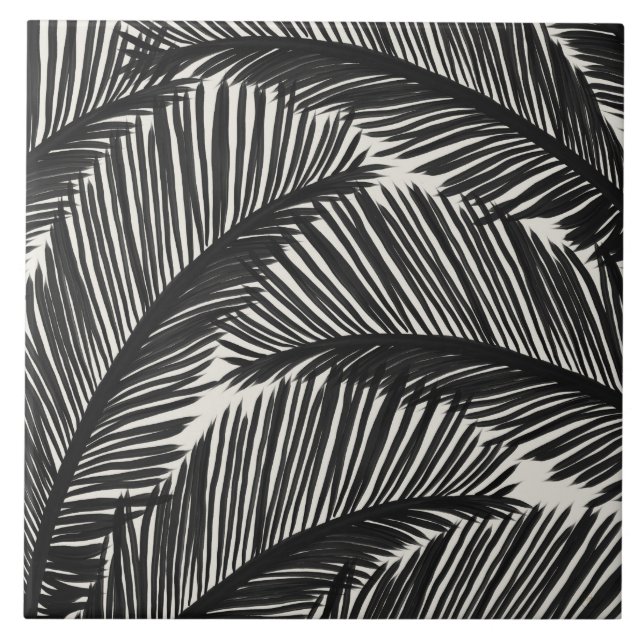 Modern Black Palm Leaf Tropical Pattern Ceramic Tile (Front)
